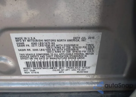 2015 Mitsubishi Outlander Sport Es из США, поврежденный, VIN 4A4AR3AU3FE044091